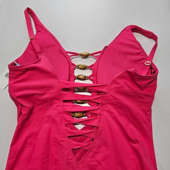 Bleu by Rod Beattie Beaded-Cutout One-Piece Swimsuit Rose Red Size 14 - Picture 10 of 14